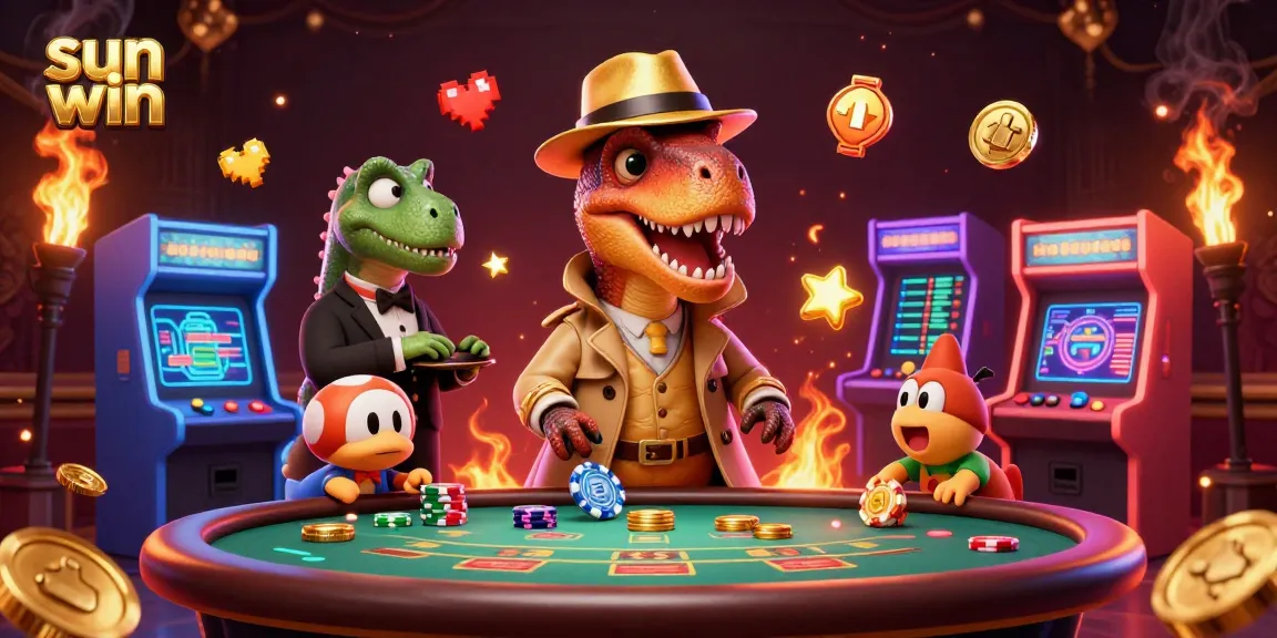 Sun win illustrates a velociraptor card counter at a blackjack table, with games and vibrant casino elements.