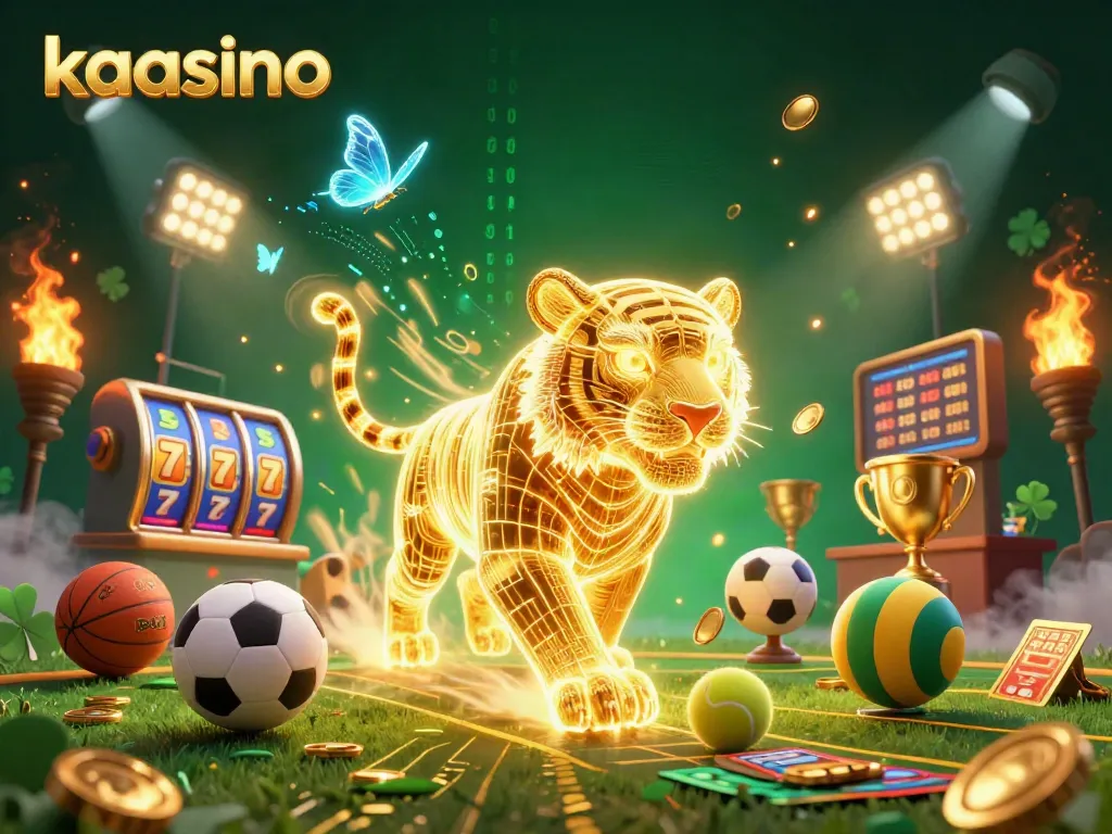 Kaasino casino illustration showcasing a golden tiger and dynamic gaming elements in an engaging digital landscape.