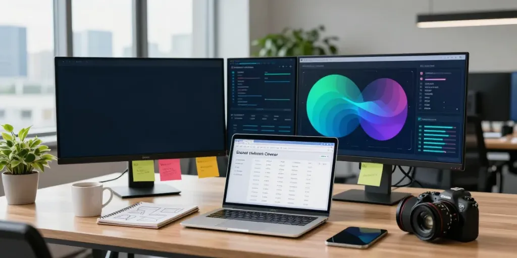 Professional using AI mention checker data in a modern marketing workspace with analytics dashboards.