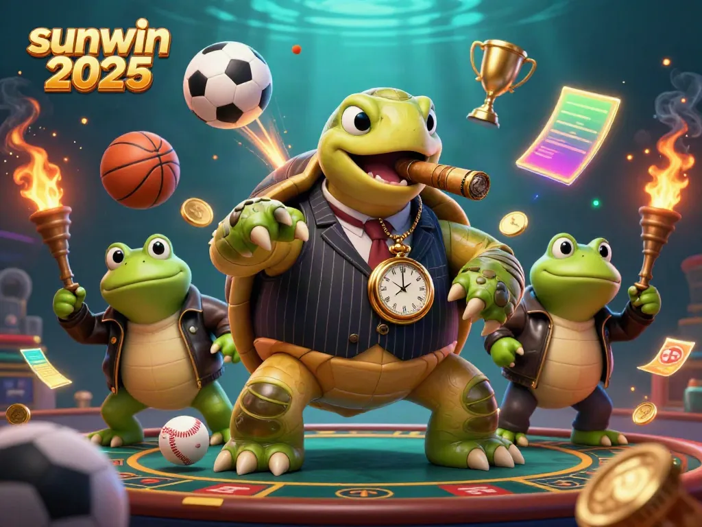 Vibrant illustration showcasing sunwin 2026 with a snapping turtle mobster and bullfrog enforcers amidst dynamic gaming elements.