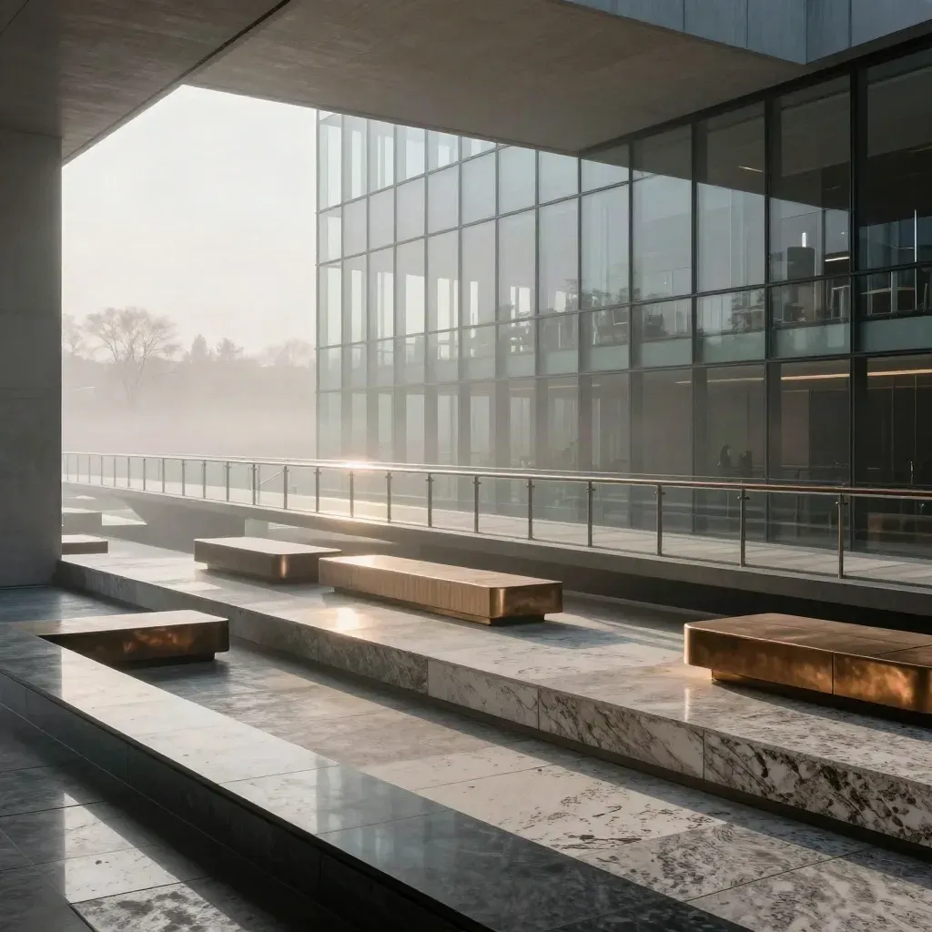 Groot atrium met glazen brug, travertin, bronzen zitpods en ochtendlijke mist.
