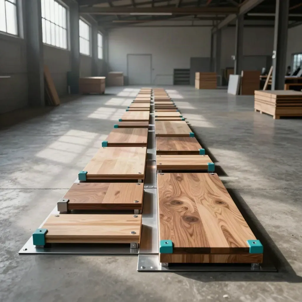 Houten kanaalblokken en metalen pijlen in een diagonale route in een loods