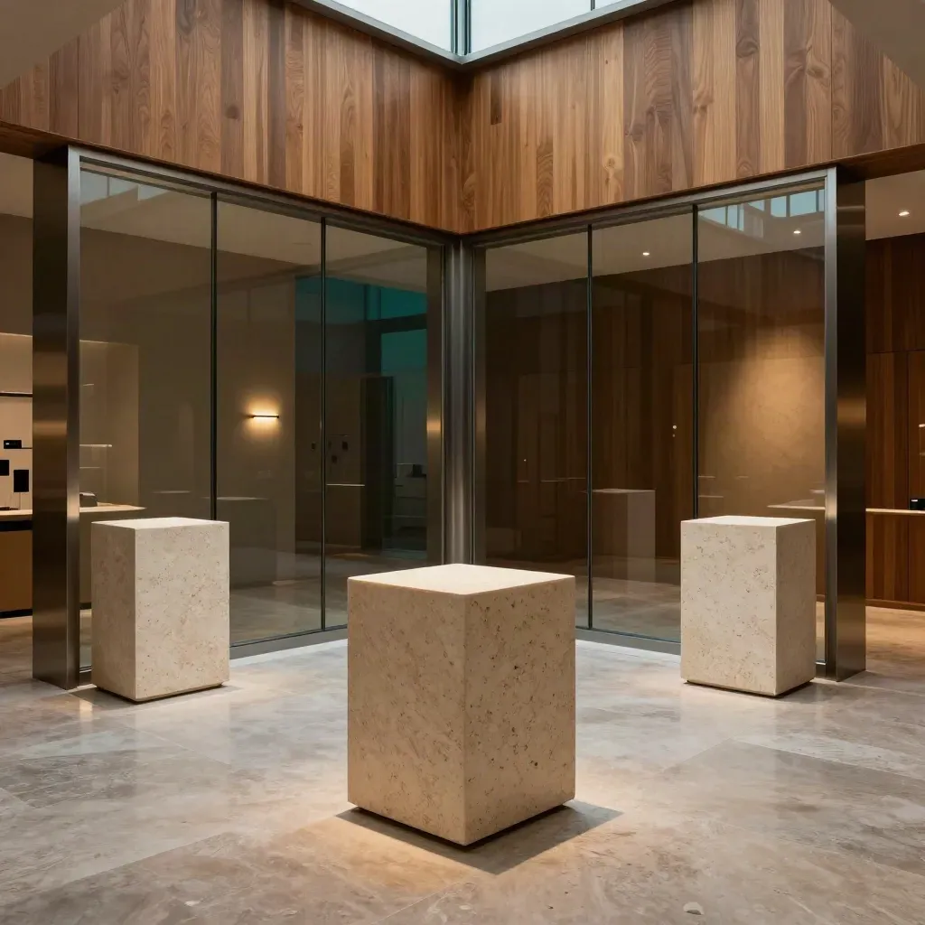 Modern atrium met drie lege sokkels en glazen corridors in warm licht.