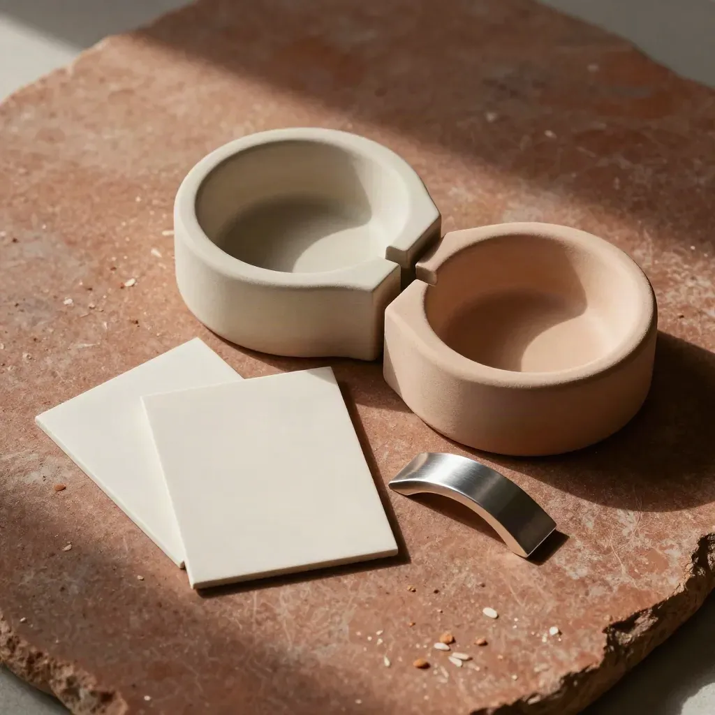 Keramische vormen, samplekaartjes en een zilveren brugstuk op terracotta steen.
