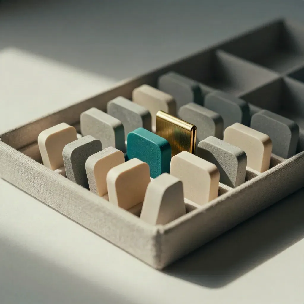 Matte indextokens in een sorteerlade met messing verdeler op lichte pleister.