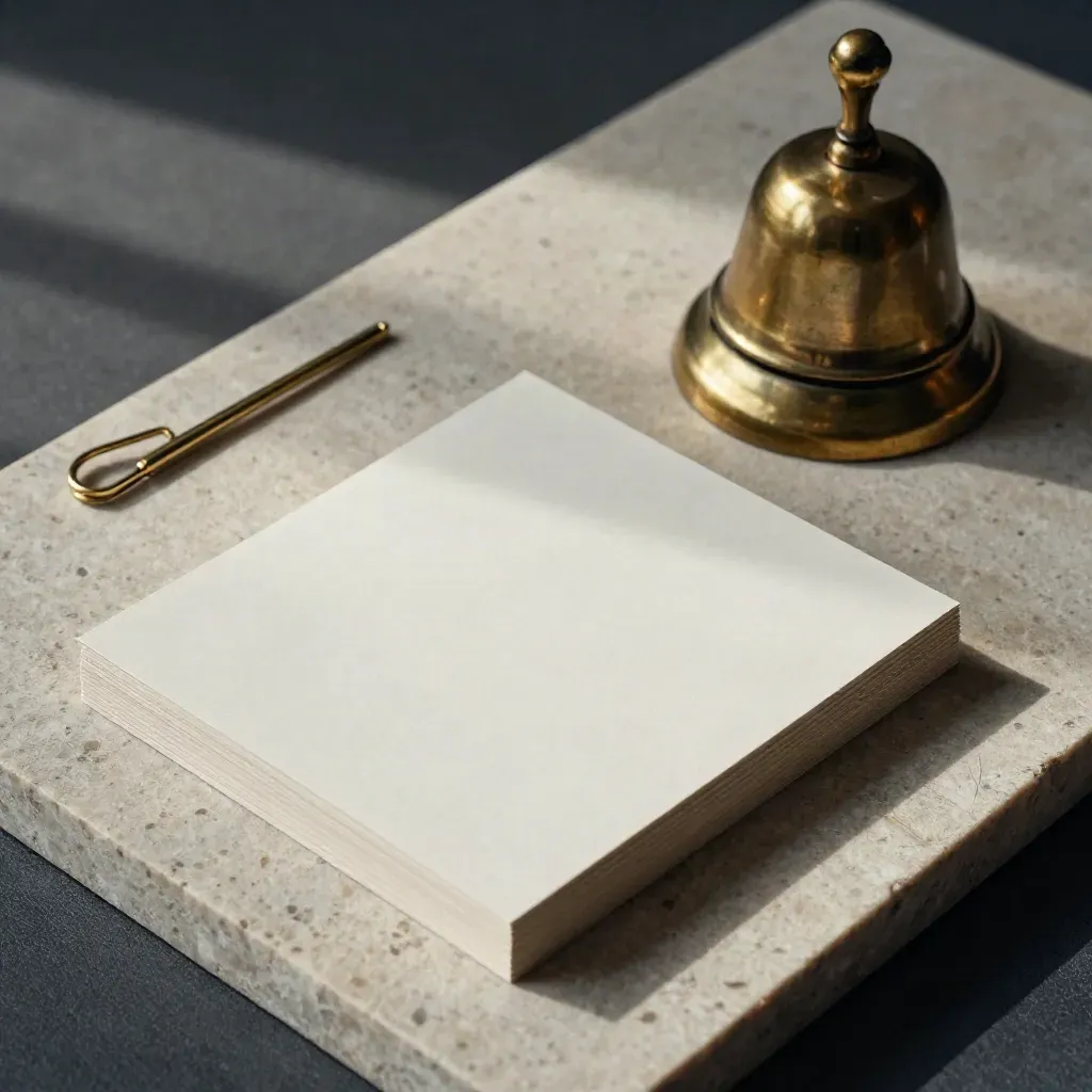 Bovenaanzicht van face-down kaarten, een brass bel en klem op kalksteen, met navy accent.