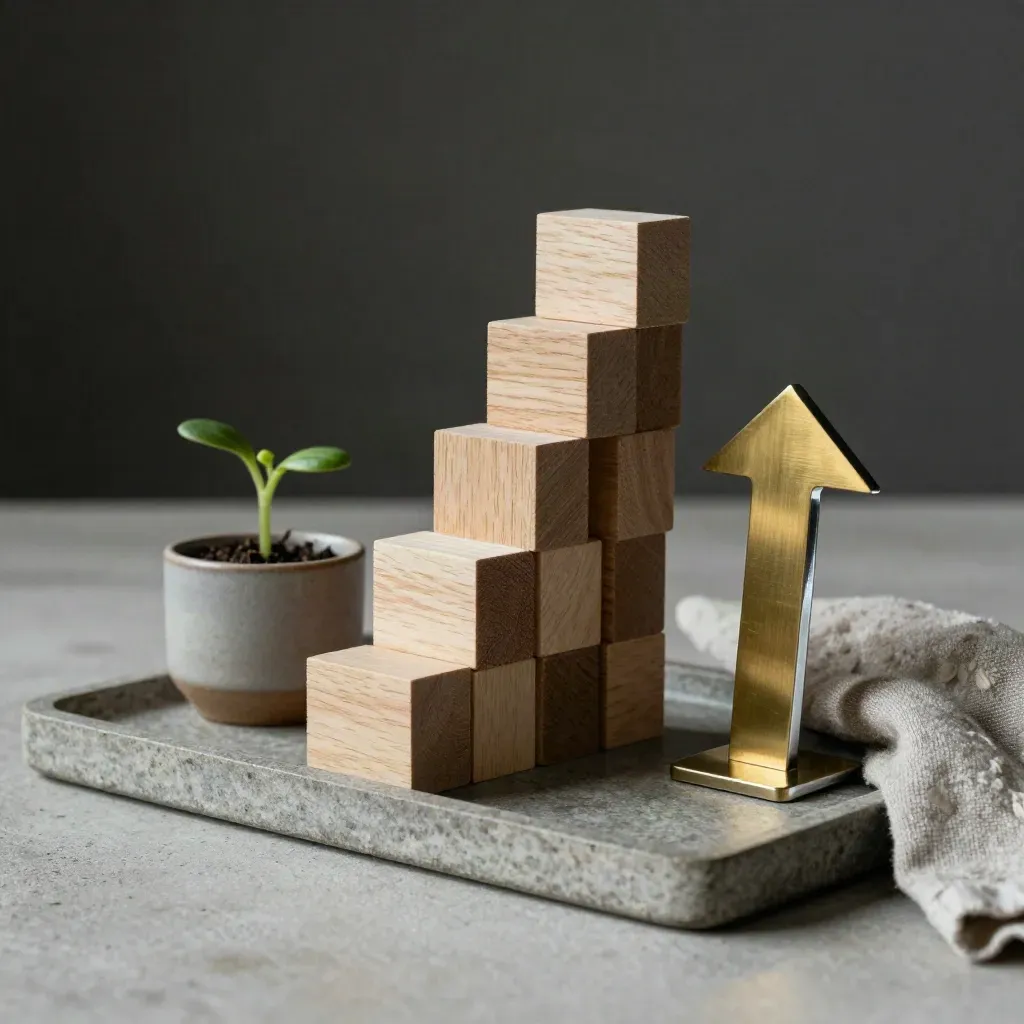 Rising houten blokken, spruit in keramische cup en messing marker op stenen tray