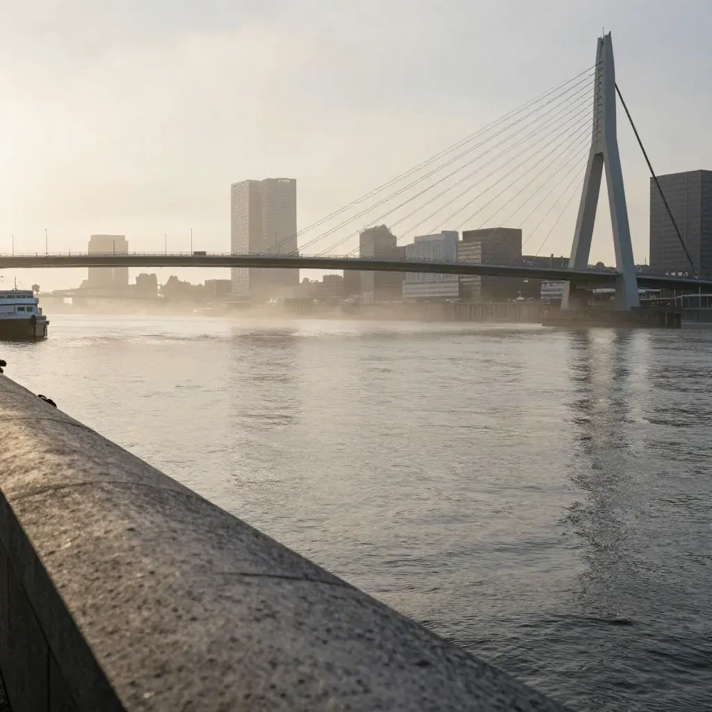 Zonsopkomst over de Rotterdamse rivier en brug, skyline hoog en rustig water onderin
