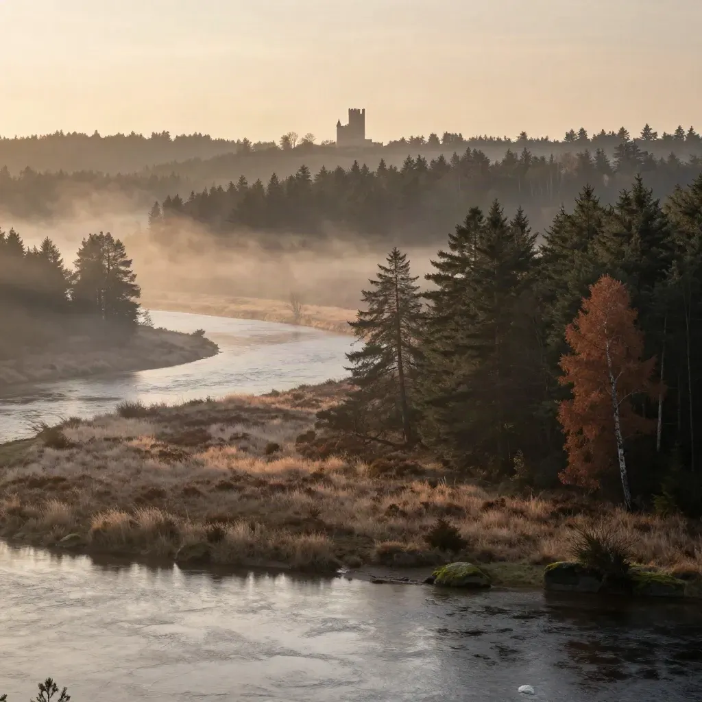 Mistige zonsopkomst boven de Veluwe met rivierbocht en kasteelsilhouet