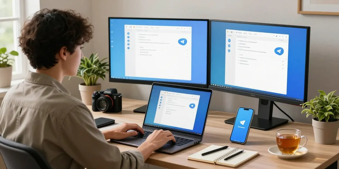 Setting up Telegram Chinese Version in a modern home office with tech gadgets and a person focused on their devices.