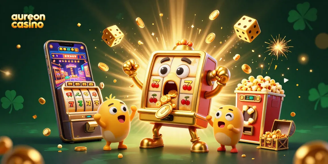 Aureoncasino's vibrant jackpot scene with a golden slot machine celebrating a win among cheering machines and confetti.