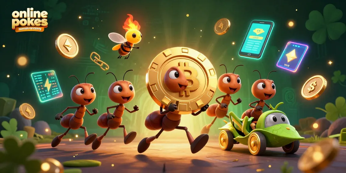 Engage with online pokies Australia real money through a captivating 3D scene of ants heisting a giant poker chip, enhanced by cryptocurrency elements.
